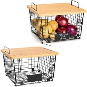 2 Set XXL Stackable Wire Basket with Bamboo Tops & Tag- Pantry Organizer